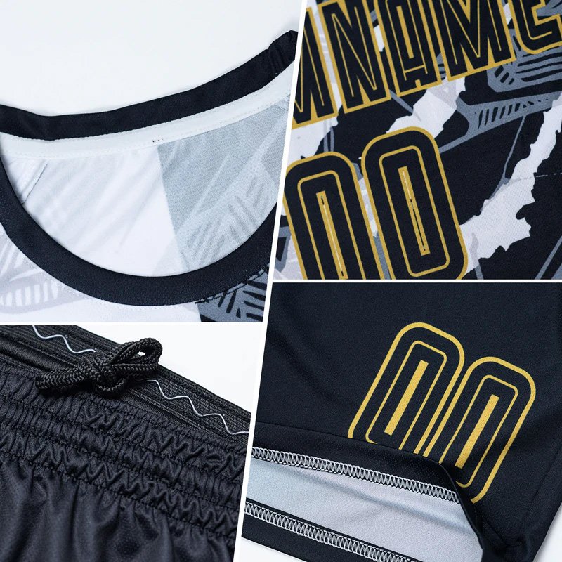 Custom Soccer Jersey Graffiti Pattern Black-Old Gold Sublimation